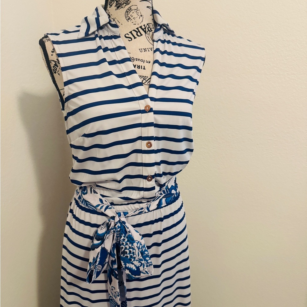 Talbots Blue and White Striped Top with Navy Trim